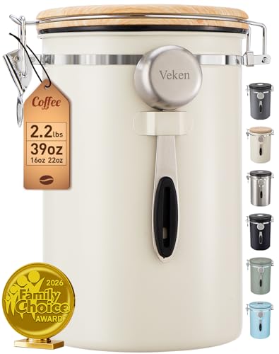 Veken Coffee Canister,39OZ, 2.2lbs,Large Airtight Stainless Steel Container - color: Cream, size: 39 oz