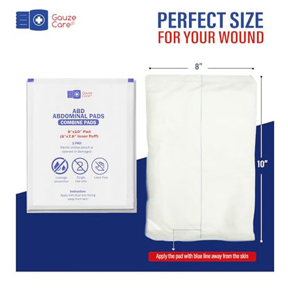 GauzeCare Sterile Abdominal- ABD Combine Pads| 24-Pack, 8x10 Inches| Extra Absorbent & Thick, Individually Wrapped Wound Dressing, First Aid Pads| Surgical-Grade, Nonstick- for Heavy Leakage, Post Op - size: 8"x10" (24 Pads)