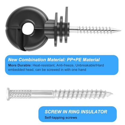 60PCS Electric Fence Insulator Screw,Insulator Fence Ring Post Wood Post Insulator and 1 Pc Insulator Socket Tool(Black)
