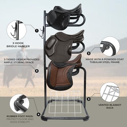 HOMESTEAD 3-Tier Saddle Rack - Horse Saddle Stand Rotating Tiers, Bridle Rack, Hooks for English & Western Saddle, Tack Room - size: 88 Lbs