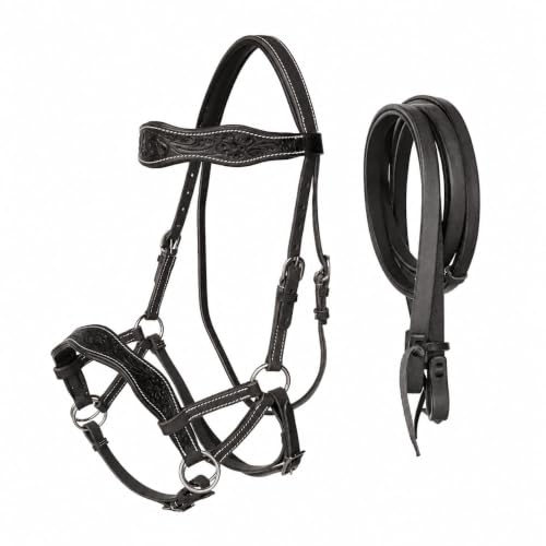 CHALLENGER Leather Floral Bitless Sidepull Bridle Split Reins 77RS28BK