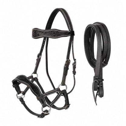 CHALLENGER Leather Floral Bitless Sidepull Bridle Split Reins 77RS28BK