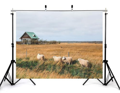 6x4ft Fabric Rural Grassland Sheep Backdrop Four Fluffy Wool Lamb Dark Wooden Cabin Overcast Sky Photography Background Tapestry Party Farm Country Decorations Photo Booth Props - size: 6x4ft