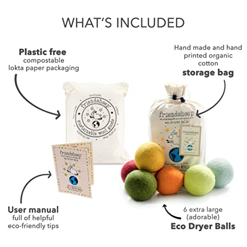 Friendsheep Wool Dryer Balls, Organic Reusable Fabric Softener Alternative for Laundry, Handmade, Fair Trade, Hypoallergenic, Eco-Friendly, Plastic-Free (6 Pack XL - Harvest Moon) | Reusable fabric softener alternative Organic wool, handmade, fair trade,