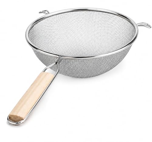 Huji 8-Inch Stainless Steel Double Mesh Food Strainer Colander - Fine Sieve Sifter with Wooden Handle for Kitchen Cooking, Pasta, Rice, Noodles, and More