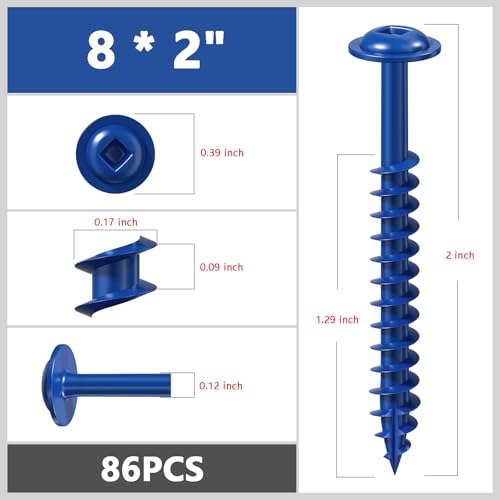 Wensilon (Blue) Pocket Hole Screws # 8 * 2" 90pcs 1lbs Square Hole Wood Screws and Round Head Square Hole self Tapping Screws are Suitable for Wooden use.150MM,60MM Drive bit Included. - color: Blue, size: 8*2"