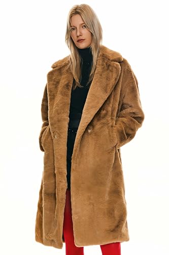 Orolay Women's Fuzzy Fleece Winter Jacket Faux Fur Lapel Coat Mid-Length Sherpa Teddy Coat - color: Khaki, size: X-Small