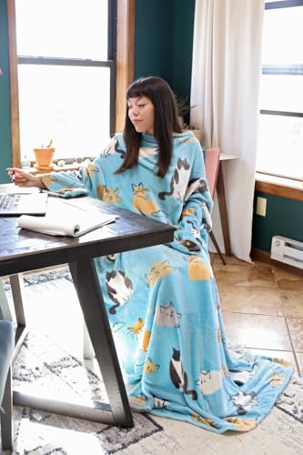 Catalonia Wearable Blanket with Sleeves for Women & Men, Fleece Wrap Throw - color: Blue Cat
