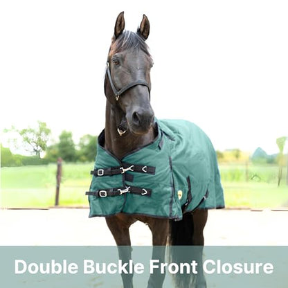 RESISTANCE Premium 1680D Waterproof Horse Turnout Blanket with 300g Polyfill & Adjustable Buckle Closure - color: Bottle Green, size: 78"