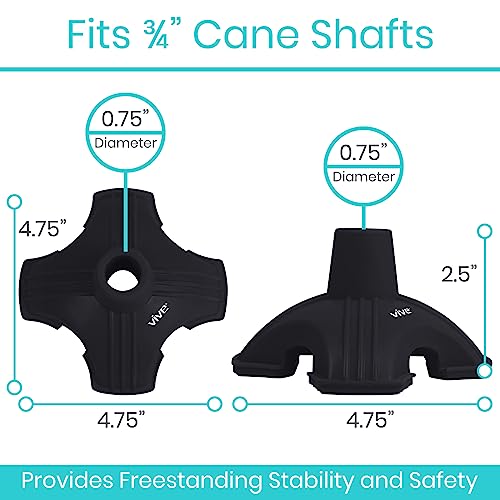 Vive Cane Tip - Self Standing Quad Base Replacement for Most Walking Canes - color: Black