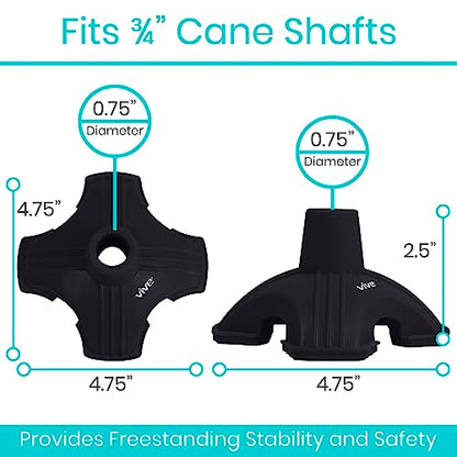 Vive Cane Tip - Self Standing Quad Base Replacement for Most Walking Canes - color: Black