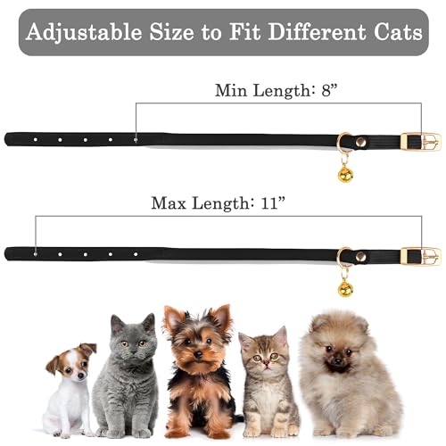 OOPSDOGGY Rolled Leather Cat Collar with Bell - Reflective Kitten Collar with Safety Elastic Strap - Adjustable Small Pet Collars for Boy Girl Cats (Black) - color: Black