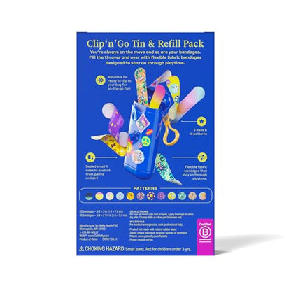 Welly Bandage Clip N' Go Tin & Refill Pack | Adhesive Flexible Fabric Bandages and Tin | Assorted Shapes and Patterns for Minor Cuts, Scrapes, and Wounds - 100 Count - size: 100 Count (Pack of 1)