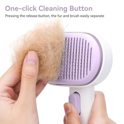 aumuca Cat and Dog Grooming Brush for Shedding, Removes Loose Fur from Long or Short Haired Pets - Ideal for Cats, Kittens, Rabbits, and More - Purple | Self Cleaning Pet Brush for Long or Semi-Short Haired Cats, Removing Loose Fur & Tangles and Massage -