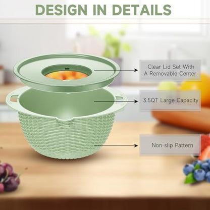 4-1 Strainer with Bowl & Spoons Set - Strainers and Colanders - Colanders for kitchen(Patented) - Pasta Strainer with Upgraded Graters & Spoons for Fruit Veggie Kitchen Essentials, Green - color: Green