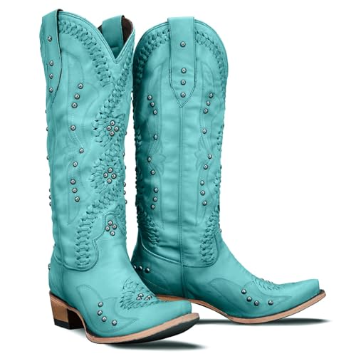 Yolkomo Cowboy Boots for Women Knee High Western Cowgirl Boots - color: Turquoise, size: 7.5