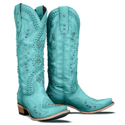 Yolkomo Cowboy Boots for Women Knee High Western Cowgirl Boots - color: Turquoise, size: 7.5
