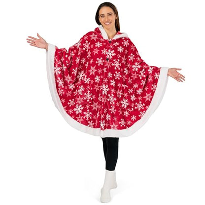 PAVILIA Hooded Blanket Poncho, Fleece Wearable Shawl Wrap, Snowflake Red | Fleece Shawl Wrap with Hood, Adult Wearable Blanket, Cozy Warm Poncho Cape Throw with Pockets, Gift for Elderly Mom - color: Snowflake Red