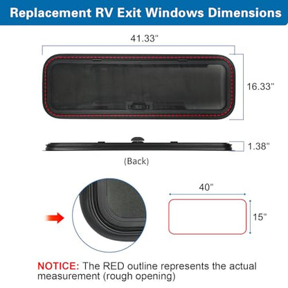 NEW Breathable RV Window, Tinted with Net Screen and Trim Ring - size: 40x15in