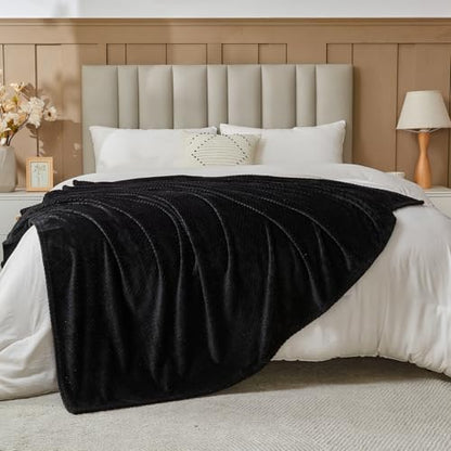NEWCOSPLAY Fleece Leaves Pattern Throw Blanket, Black, 50"x60" - color: Black, size: Throw(50"x60")
