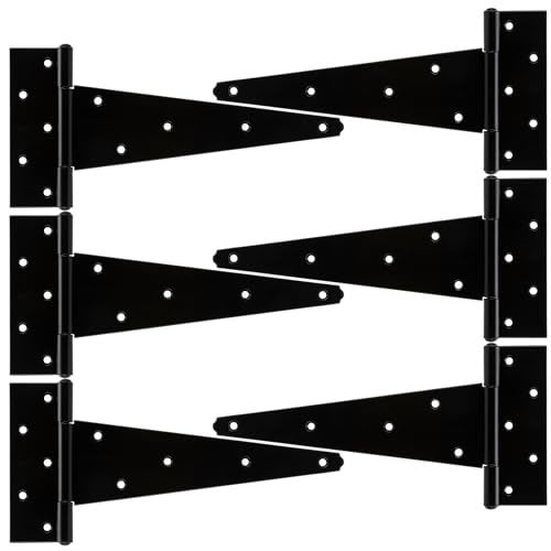 HILLMASTER 10 Inch T-Strap Heavy Duty Shed Door Hinges Gate Strap Hinges Black Tee Hinge Wrought Hardware for Wooden Fences,Yard,Barn Door,Rustproof (6 Pack) - size: 10in 6Pack