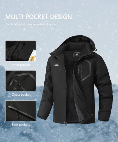 Men's Mountain Ski Jacket Winter Snow Coats Waterproof Warm Fleece Lining Jacket Parka with Hooded - color: Black, size: Small
