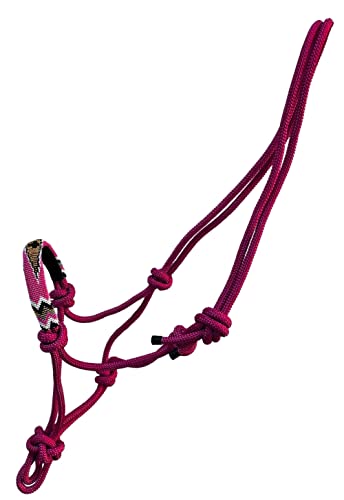 Nylon Horse Size Cowboy Knot Rope Halter with Beaded Cross Nose and Removable Lead - color: Pink