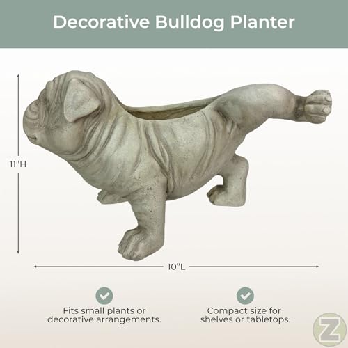 Zeckos Bulldog Animal Planter, 18 Inch Wide White Antique Stone Finish | Magnesium Oxide, Freestanding Display, Drain Hole, 7.5 X 4.25 Inch Opening, 10 Inch Deep - color: Bulldog - White