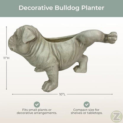 Zeckos Bulldog Animal Planter, 18 Inch Wide White Antique Stone Finish | Magnesium Oxide, Freestanding Display, Drain Hole, 7.5 X 4.25 Inch Opening, 10 Inch Deep - color: Bulldog - White