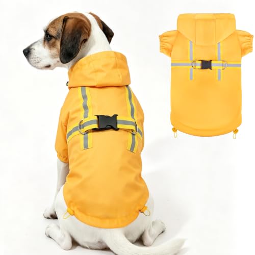PUPTECK Dog Raincoat with Hood & Harness Built-in, Waterproof Dog Rain Jacket Slicker Poncho Reflective Vest Clothes for Rainy Snowy Winter Cold Days, Yellow M - color: Yellow, size: M (Back 15", Chest 22.5", Neck 16")