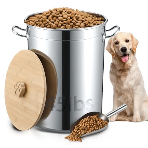 Maxdot 45 Lbs Stainless Steel Food Storage Container for Dog with Airtight Bamboo Lid Spoon & Wooden Claw Handle, Large Metal Pet Food Bin to Keep Fresh Easy Clean & Use for Dog Multiple Pet - size: 45 Lbs