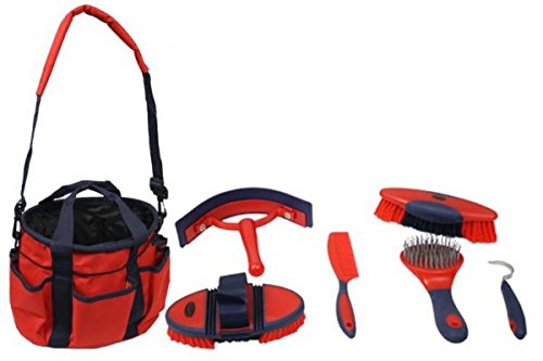 Showman 6 Piece Soft Grip Grooming Kit with Strapped Bag and Pockets on Outside - color: Red
