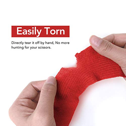 RISEN Cohesive Bandage 2” x 5 Yards, 6 Rolls, Self Adherent Wrap Medical Tape, Adhesive Flexible Breathable First Aid Gauze Ideal for Stretch Athletic - color: Red, size: 6 Count (Pack of 1)