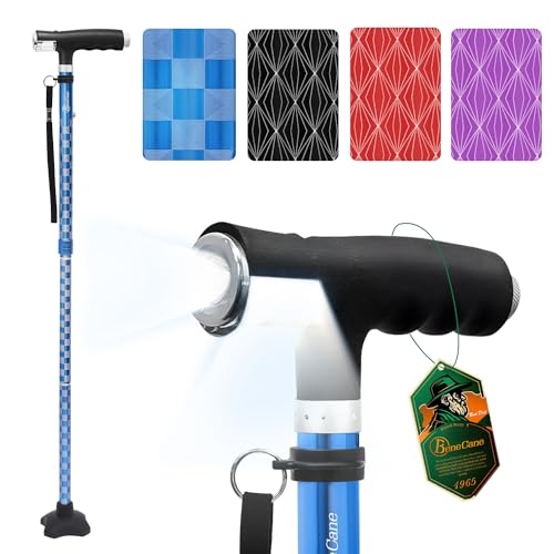 BeneCane Walking Cane for Women Folding Cane for Men with Two Led Lights Quad Cane with Stable Base Lightweight and Adjustable Walking Stick - color: Carved Blue
