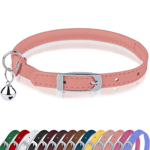 OOPSDOGGY Rolled Leather Cat Collar with Bell, Reflective Kitten Collars with Buckle Include Safety Elastic Strap - Adjustable Small Pet Collars for Boy Girl Cats (Peach) - color: Peach