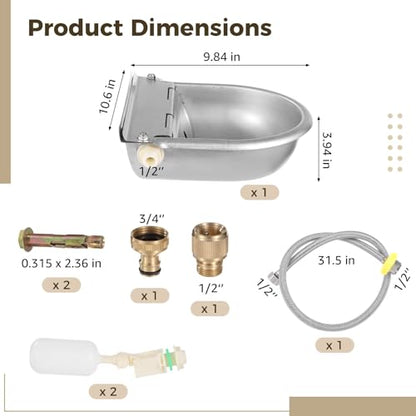 Automatic Animal Drinking Water Bowl, Water Trough 304 Stainless Steel Waterer Kit with Float Valve, 31.5 in Metal Pipe, Ideal Livestock Waterer for Cattle, Poultry, and More
