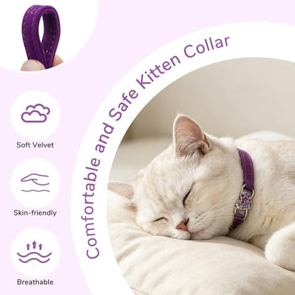 BINGPET Diamond Cat Collar with Bell, Adjustable Kitten Collar, Purple - color: Purple(Heart), size: Neck Girth 8"-10"
