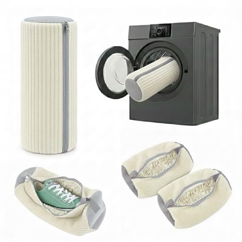 Shoe Washing Bag for Laundry Machine – Heavy-Duty Sneaker Laundry Bag Protector with Thick Microfiber Cushion, Zipper Cover & Mesh Sides – Shoe Cleaner Bag for Washer & Dryer (White) - color: White