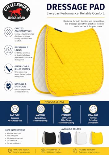 CHALLENGER Horse English Quilted Contoured Dressage Trail Saddle Pad 7295 - color: Deep Bright Yellow, size: 22" (Spine) x 23" (Drop)