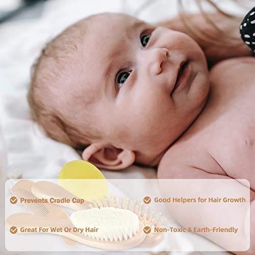 Elfzone Baby Hair Brush Comb Set 4PCS Wooden Bristle Cradle Cap Brush Gift | wooden brush set, soft goat bristle hair brush, silicone cradle cap brush, beech handle comb, ideal gift