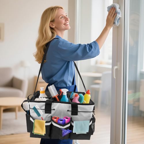 ZKOO Large Cleaning Caddy Bag with Handle, Built-in Sturdy Support Board, Adjustable Shoulder Strap, Multi-compartment Design Cleaning Supply Tote for Cleaners & Housekeepers (White) - color: White