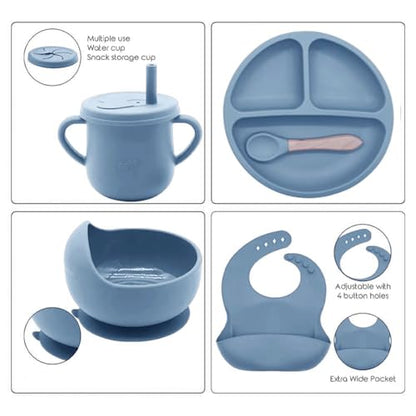 Silicone Baby Feeding Set Whimsy Blue Infant Tableware Collection with Bib Suction Bowl Utensils Straw Cup Snack Container - color: Whimsy Blue