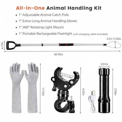 Animal Catch Pole Control Tool – 60"-92" Adjustable Noose Pole Animal Control Kit for Dogs, Feral Cats & Medium Wildlife Handling with Safety Accessories
