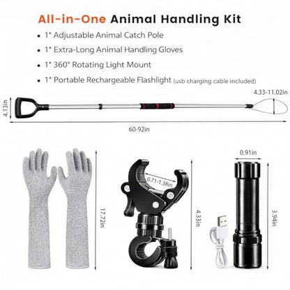 Animal Catch Pole Control Tool – 60"-92" Adjustable Noose Pole Animal Control Kit for Dogs, Feral Cats & Medium Wildlife Handling with Safety Accessories