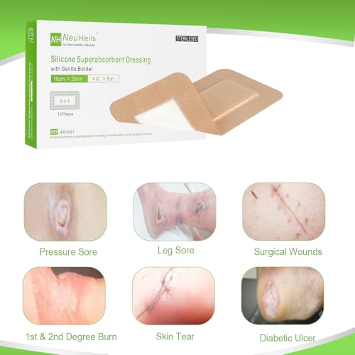 NeuHeils Silicone Super Absorbent Wound Dressing 4''x8'' 10 Pks, 2x6in Pad | Pressure Ulcers, Bedsores, Post-surgical Wounds and Cuts, Soft Gauze Island Dressing, Waterproof Bandage for Heavy Exudate - size: 4''x8''(10 Packs)