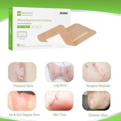 NeuHeils Silicone Super Absorbent Wound Dressing 4''x8'' 10 Pks, 2x6in Pad | Pressure Ulcers, Bedsores, Post-surgical Wounds and Cuts, Soft Gauze Island Dressing, Waterproof Bandage for Heavy Exudate - size: 4''x8''(10 Packs)
