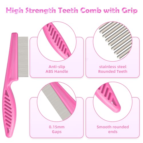 Flea Comb for Cats Dogs, 6 Pack Pet Lice Comb Set Pet Grooming Pets for Small, Medium & Large Pets（Pink）