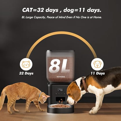 Automatic Dog Feeder - 8L/34 Cups Large Capacity Automatic Cat Food Dispenser with LCD Screen, Large Food Tray, Battery Operated, Timed Cat Feeder, Up to 50 Portions 6 Meals Per Day, Keeps Fresh - color: Matte Black