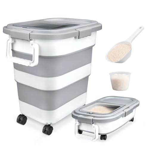 Komzon Rice Storage Container 10-40 lb, 25 lb Pet Dog Food Storage Container, Collapsible Airtight Rice Container,Rice Dispenser Bin with Cup and Scoop for Flour Cereal Pasta Grain, Cat Bird Food - size: 10-40 Lbs