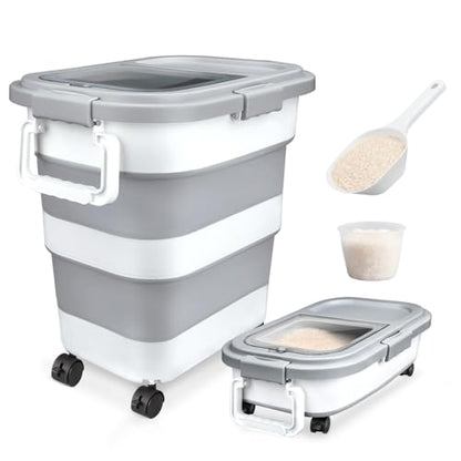 Komzon Rice Storage Container 10-40 lb, 25 lb Pet Dog Food Storage Container, Collapsible Airtight Rice Container,Rice Dispenser Bin with Cup and Scoop for Flour Cereal Pasta Grain, Cat Bird Food - size: 10-40 Lbs